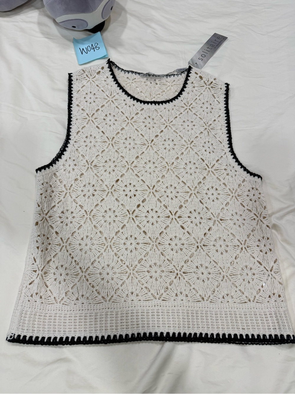 Solitaire Ivory Crochet Tank with Black Trim